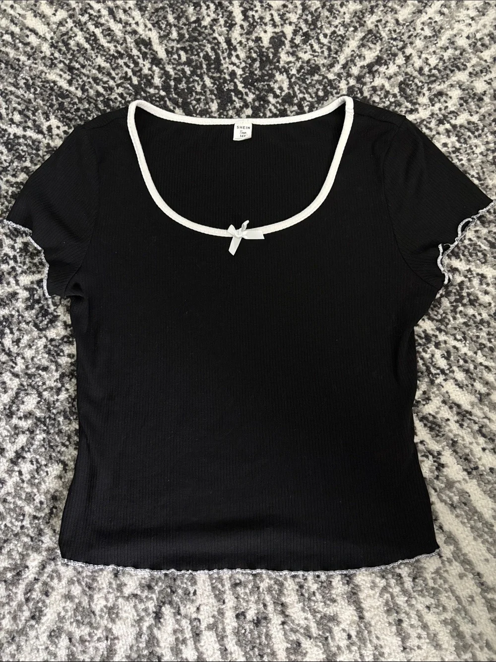 Black Ribbed Scoop Neck Top with White Trim